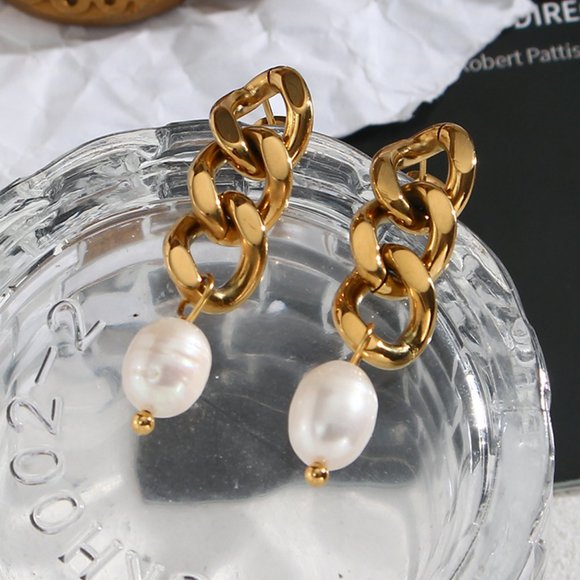 Fresh Water Pearl‎ Gold Chain Drop Earrings 18K Gold Plated Stainless Steel - Picture 10 of 13